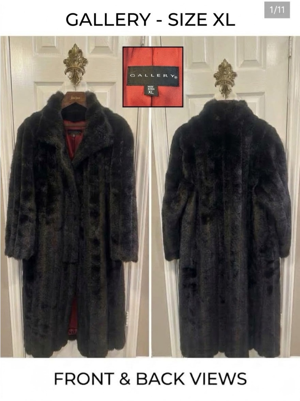 Vintage GALLERY USA Faux Fur Full Length Coat Jacket XL Dark Brown Mink Look